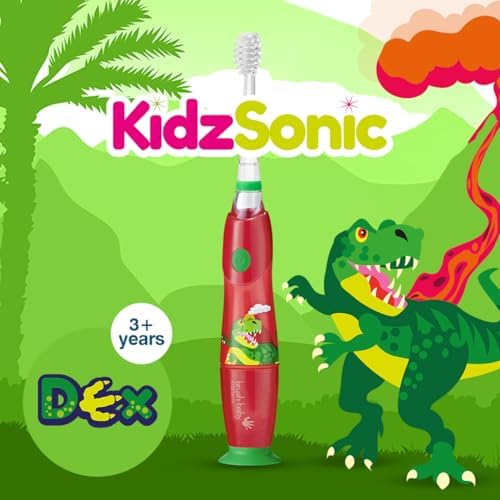 Brush‑Baby - KidzSonic Dinosaur Kids Electric Toothbrush for Ages 3+ with Disco LED Lights, Gentle Sonic Vibrations, 2-Minute Smart Timer & 30‑Second Pulse Reminders – AAA Battery Included