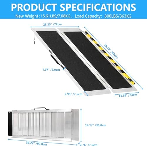 3FT Portable Wheelchair Ramp, Non-Slip Aluminum Folding Handicap Ramp, 800 LBS Capacity Door Threshold Ramps for Home Steps, Scooter Ramp for Car, Doorways, Curbs, Stairs, Cart, Wheel Chair Steps