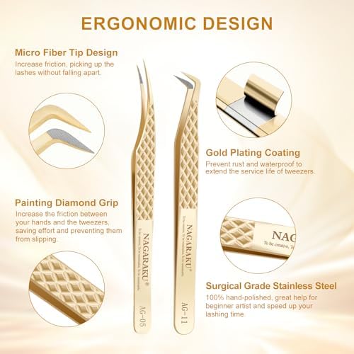 NAGARAKU Eyelash Tweezers, 1 Pair Precision Micro Fiber Tip Tweezer for Lash Extensions Volume Tweezers Antistatic Curved Tip Stainless Steel with Box -Dolphin & Seven Shaped Tweezers AG-05 & AG-011