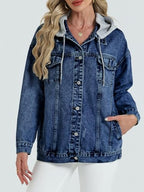 Women's Oversized Denim Jacket Long Distressed Ripped Trucker Jean Jackets Coat With Detachable Hood