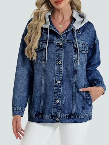 Women's Oversized Denim Jacket Long Distressed Ripped Trucker Jean Jackets Coat With Detachable Hood