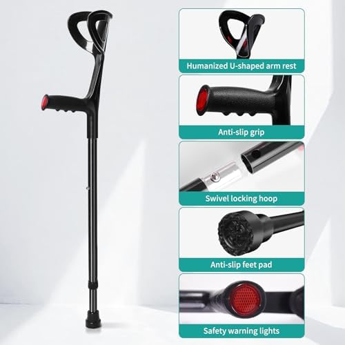 Forearm Crutches for Adults(1 Pair)， Adjustable Adult Crutches with Cuffs, Elbow Cushion, Grip Cushion（Blue），Aluminum Lightweight Arm Crutches Forearm for Adults，Foldable Crutch for Walking
