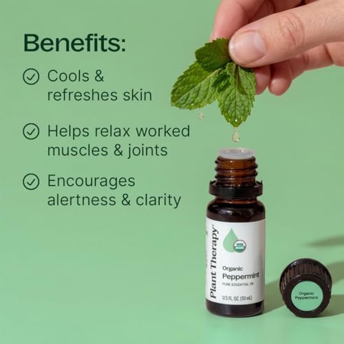 Plant Therapy Organic Peppermint Essential Oil 30 mL (1 oz) 100% Pure, Undiluted, USDA Certified Organic Aromatherapy, for Neck Tension and Muscle Discomfort