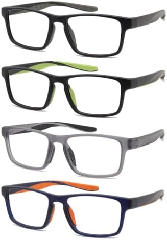 4 Pack Sport Reading Glasses for Women & Men, Computer Blue Light Blocking Comfort Fit Anti-Glare Readers