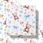 RUSPEPA Bear Bow Wrapping Paper Roll for Baby Boy, Mini Roll, Blue Bear with Heart, Bow and Star Gift Wrap Paper for Baby Shower, Birthday and Special Occasions, 17 Inches x 16.4 Feet