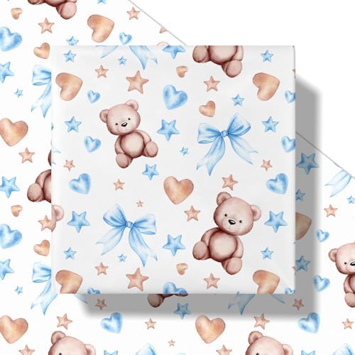 RUSPEPA Bear Bow Wrapping Paper Roll for Baby Boy, Mini Roll, Blue Bear with Heart, Bow and Star Gift Wrap Paper for Baby Shower, Birthday and Special Occasions, 17 Inches x 16.4 Feet