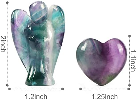 Artistone Rainbow Fluorite Crystal Guardian Angel and Heart Stone Set,Natural Healing Pocket Angel Figurines Small Love Heaven Gemstones for Your Love