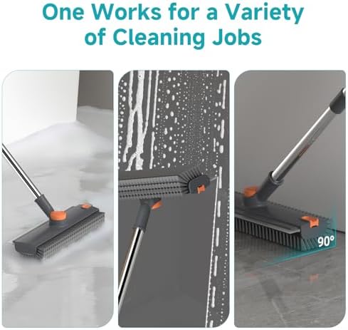 Floor Scrub Brush with Long Handle Length Adjustable, 3 in 1 Heavy-Duty Stiff 90° Bristle Floor Scrubber Broom with Squeegee, Cleaning Brush for Bathroom, Garage, Kitchen, Tile, Deck & Patio (Gray)