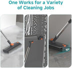Floor Scrub Brush with Long Handle Length Adjustable, 3 in 1 Heavy-Duty Stiff 90° Bristle Floor Scrubber Broom with Squeegee, Cleaning Brush for Bathroom, Garage, Kitchen, Tile, Deck & Patio (Gray)