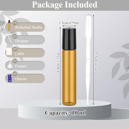 12 Pack Amber Roller Bottles for Essential Oils, 10ml Glass Roll On Bottles for Travel and Lip Gloss, Empty Perfume Roller Ball Applicator Bottle With Lid, Dropper, Funnel, Opener, Labels