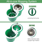 Spin Mop and Bucket with Wringer Set, 360° Spinning Mop Bucket System with 3 Microfiber Mop Replacement Heads Refills,56" Stainless Steel Extended Handle for Floor Cleaning Home Office (20QT) (Green)