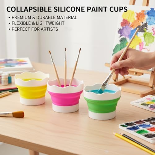 4 PCS Collapsible Paint Brush Washer Multifunctional Collapsible Bucket Foldable Water Cup Portable Silicone Washing Bucket Brush Holder Mini Foldable Washing Buckets for Watercolor Oil Painting