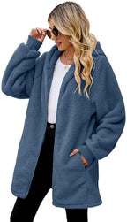 ReachMe Womens Fleece Zip Up Jacket with Pockets Oversized Long Sherpa Hoodie Fuzzy Jackets Warm Teddy Coat