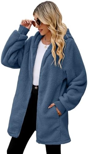 ReachMe Womens Fleece Zip Up Jacket with Pockets Oversized Long Sherpa Hoodie Fuzzy Jackets Warm Teddy Coat