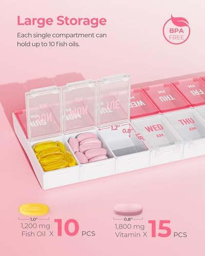 Weekly Pill Organizer 2 Times a Day, Stylish Pill Box 7 Day AM PM with Large Compartments, Pill Case Easy to Use, BPA-Free Pill Container for Vitamins, Fish Oils, Supplements, Medicines, Pink