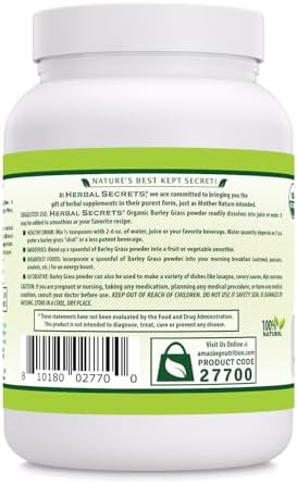 Herbal Secrets Organic Barley Grass 16 Oz | Non-GMO | Gluten Free | Made in USA