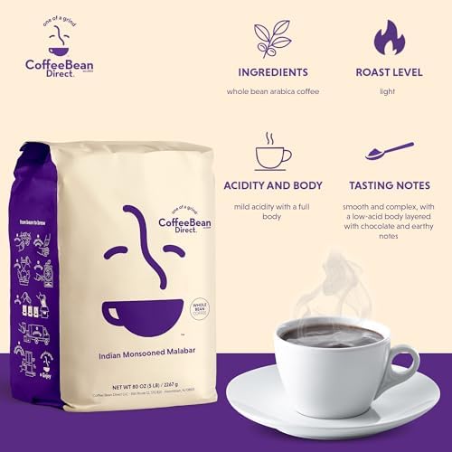 Coffee Bean Direct Indian Monsooned Malabar, Whole Bean Coffee, Arabica Coffee, Light Roast, 5 Pound Bag (Pack of 1)