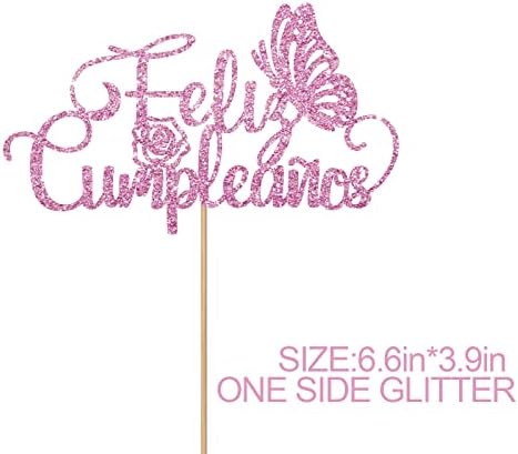 Pink Spanish Feliz Cumpleaños Cake Topper for Birthday Party Decor, Butterfly Happy Birthday Cake Topper, Glitter Spanish Birthday Party Decoration Supplies