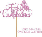 Pink Spanish Feliz Cumpleaños Cake Topper for Birthday Party Decor, Butterfly Happy Birthday Cake Topper, Glitter Spanish Birthday Party Decoration Supplies