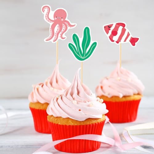 Ocean Cupcake Toppers,24 PCS Under The Sea Cupcake Toppers,Ocean Themed Party Decorations,Under The Sea Party Decorations