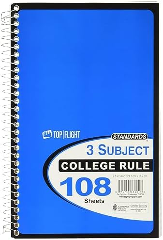 Top Flight Standards 3-Subject Wirebound Notebook, 108 Sheets, College Rule, 9.5 x 6 Inches, Assorted Colors (Pack of 6)