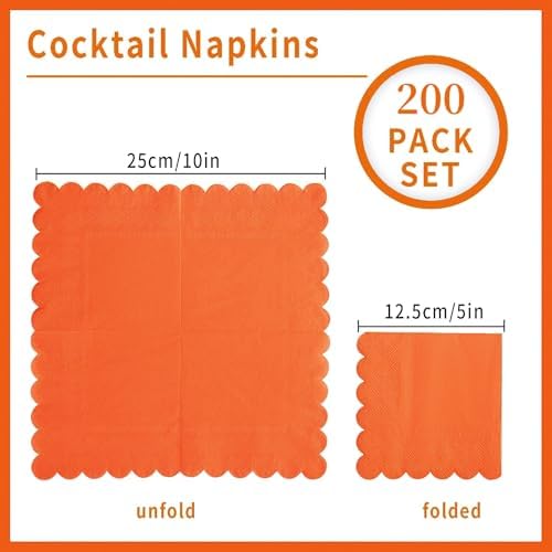 200 Pack Cocktail Napkin 2-Ply Scalloped Edged Dessert Napkins Folded 5 x 5 Inches Disposable Napkins for Dinner Wedding Birthday Party Bridal Anniversary Reception Event (Orange)