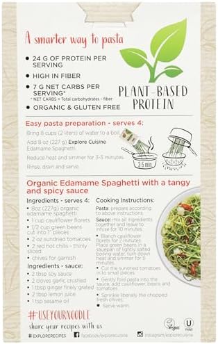 Explore Cuisine Organic Edamame Spaghetti - 8 oz - Easy-to-Make Pasta - High in Plant-Based Protein - Non-GMO, Gluten Free, Vegan, Kosher - 4 Servings