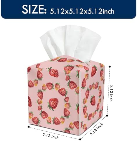 Strawberry Tissue Box Cover Square, Waterproof Leather Tissue Box Holder, Cute Facial Paper Organizer Dispenser Decor for Bathroom Nightstand Vanity Desk Office Car /007