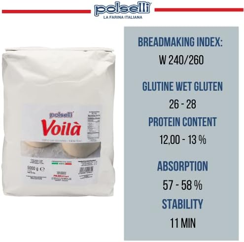 Voila, Table and Dusting Flour, Soft Wheat, Pizza, Baking, Pasta, Italy, Spolvero, All Natural, Non GMO, Not Bleached(5 kg) 11 lbs Polselli