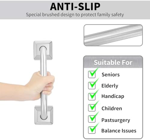 9 Inch Bathroom Grab Bar, Anti Slip Square Shower Bars Safety, 304 Stainless Steel Shower Handles,Hand Rails for for Children, Senior, Elderly, Handicap