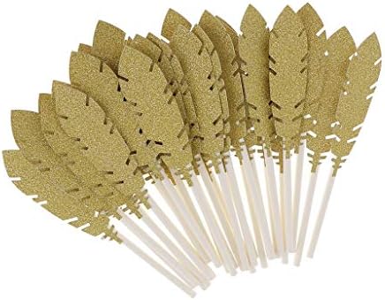 30pcs Feather Cake Toppers Cupcake Food Picks for Wedding Birthday Party Decoration - Golden