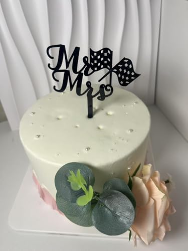Mr & Mrs Wedding Cake Topper with Racing Flag Design, Black Acrylic Mr and Mrs Cake Topper,Wedding Cake Decorations