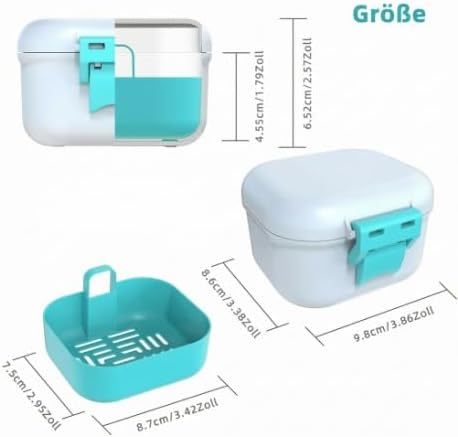 ARGOMAX Leak Proof Denture Bath Cup, Portable Soaking Denture Box, Denture Bath Case with Strainer, for Dentures and Braces (White + Cyan).
