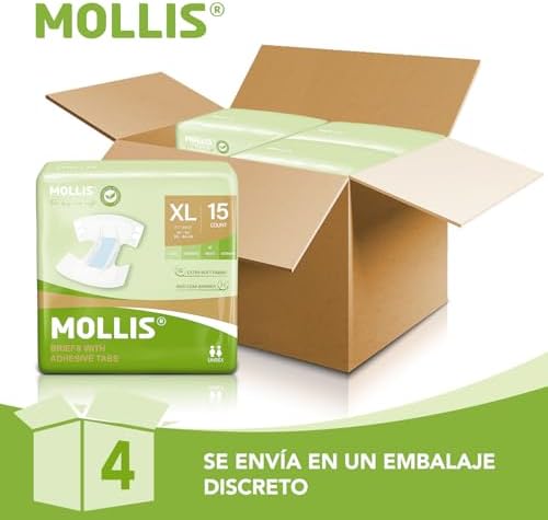 MOLLIS Adult Diapers for Women and Men, Unisex Disposable Incontinence Briefs with Tabs, Odor Control, XLarge, 60 Count (4 Packs of 15)