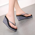 MIOKE Women's Wedge High Heel Flipflops Sandals Glitter Sequin Platform Comfy Nonslip Summer Thong Sandal