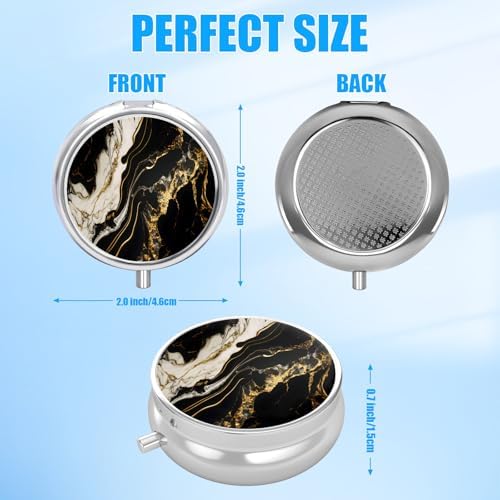 Black Gold Marble Pill Case, Pill Box 3 Compartments Metal Small Pill Holder with Mirror Mini Travel Pill Container for Purse Pocket Women Men