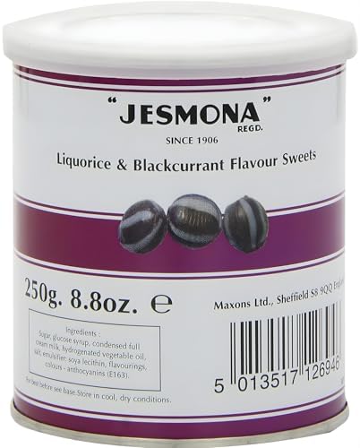 Jesmona Liquorice & Blackcurrant Candy - British Hard Candy 250g (8.8 Oz) Round Gift Tin, Traditional Licorice Balls, Old Fashioned English Hard Boiled Sweets, Imported Confectionery from England