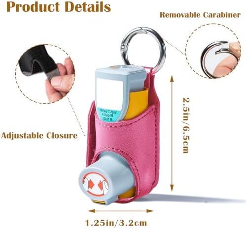 Asthma Inhaler Holder - PU Leather Case w/Carabiner Clip, Portable Travel Pouch for Adults Kids (Inhaler Not Included) Rose