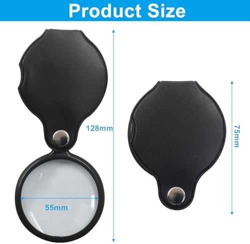 10X Magnifying Glass Loupe Set - 5 Pack Premium Optical Glass Lens Pocket Magnifiers with 360° Rotating Leather Case for Reading, Jewelry Inspection, Hobbies & Class (Compact & Portable)