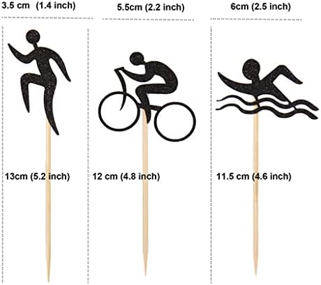 24 PCS Black Glitter Triathlon Cupcake Toppers Swimming Running Cycling Picks for Sports Theme Party Birthday Wedding Baby Shower Anniversary Party Cake Dessert Decorations Supplies