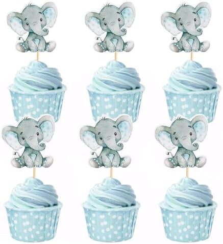24 Pack Elephant Cupcake Toppers Birthday Cupcake Picks Gender Reveal Elephant Cake Decorations for Boys or Girls Baby Shower Elephant Theme Birthday Party Decorations Supplies(Blue)