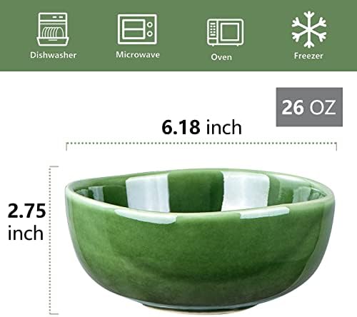 vicrays Ceramic Cereal Bowls Set - Porcelain 26 Ounce Soup Salad Bowls - Rice Dessert Cream Bowls Set - Chip Resistant Dishwasher Microwave Safe - Set of 6 (Green)