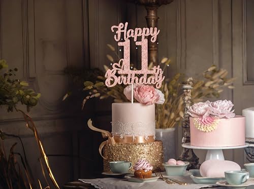 11th Birthday Cake Topper - Double Sided Rose Rose Gold Glitter, Happy 11th birthday Cake Topper for girls,11 Cake Topper For girls, 11th birthday decorations,11th Birthday Cake Topper Eleven