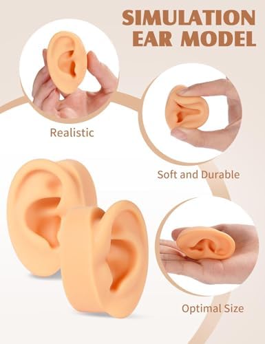 2 Pcs Soft Silicone Ear Model, Left and Right Flexible Fake Ear for Earrings Display, Realistic Ear Model for Piercing Practice, Acupuncture Teaching Tool (Medium Skin Tone)
