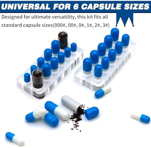 Capsules Filling Machine Tray Kit - 12Pcs Powder Tamper Capsule Holder Filler Maker Tool - Empty Gel Lab Scoops Tiny Spatula Micro Spoon Funnel Quick Fill Tools Size #000 00 0 1 2 3