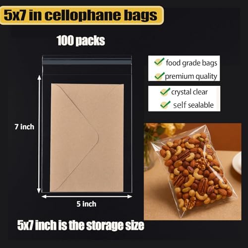 Nobranded 100 pcs Clear 5" x 7" Self Seal Cello Cellophane Bags Resealable Poly Bags 2.8 mils for Cookie, Candy, Gift Bakery, Prints, Photos, Cards & Envelopes, Party Decorative