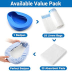 Contoured Bedpan Set with 25 Super Absorbent Pads and Liners - Heavy Duty Bed Pan for Females and Men - For Hospital or Home Use of the Elderly and Bedridden Patients - Pads Absorb up to 35 oz /1000ml