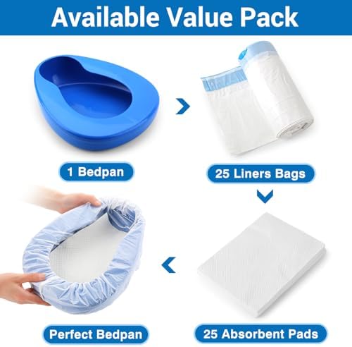 Contoured Bedpan Set with 25 Super Absorbent Pads and Liners - Heavy Duty Bed Pan for Females and Men - For Hospital or Home Use of the Elderly and Bedridden Patients - Pads Absorb up to 35 oz /1000ml