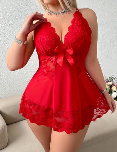 Alrovetoney Lingerie For Plus Size Women Lace Chemise Mesh Sleepwear Strappy Sexy Nightgown Boudoir Outfit