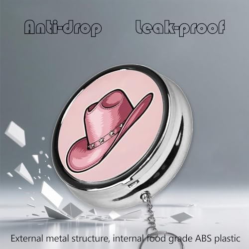Keychain Pill Holder - Portable 3 Compartment Mini Pill Case for Pocket & Purse, Vitamin Container, Easy-Open Design for Travel - Pink Cowboy Hat